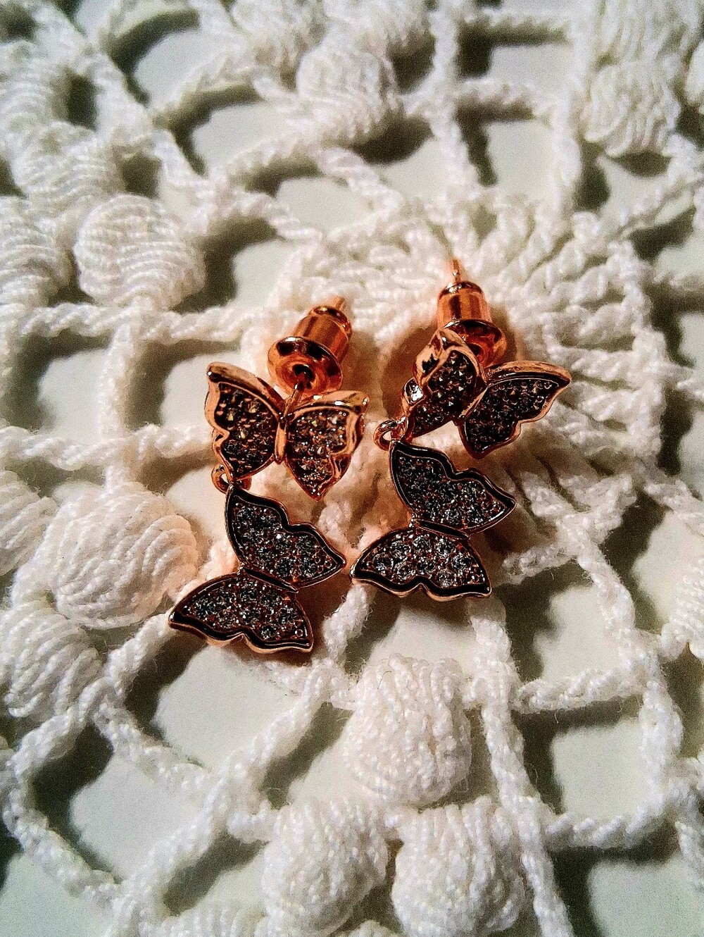 GUESS Rose Gold Butterfly Drop Earrings with Crystal Accent NWOT